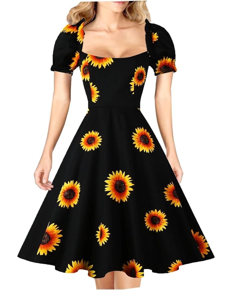 Women's Puff Short Sleeve 1950s Party Dresses Square Neck Aline Dress with Pockets Z-sunflower $12.97 Dresses