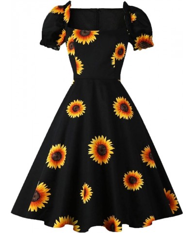 Women's Puff Short Sleeve 1950s Party Dresses Square Neck Aline Dress with Pockets Z-sunflower $12.97 Dresses