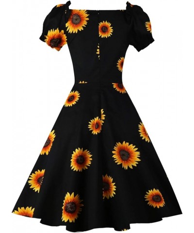 Women's Puff Short Sleeve 1950s Party Dresses Square Neck Aline Dress with Pockets Z-sunflower $12.97 Dresses