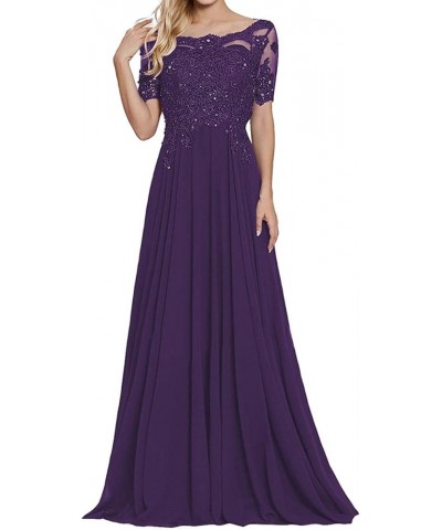 Mother of The Bride Dresses Long Evening Formal Dress Lace Applique Beaded Maxi Short Sleeve for Women Eggplant $43.68 Dresses