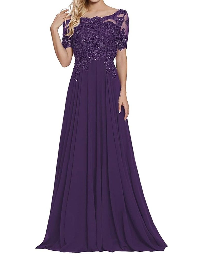 Mother of The Bride Dresses Long Evening Formal Dress Lace Applique Beaded Maxi Short Sleeve for Women Eggplant $43.68 Dresses