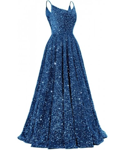 Spaghetti Straps Sequin Prom Dresses for Women 2024 Sparkly Long A-Line Formal Ball Gowns with Pockets Dusty Blue $39.07 Dresses