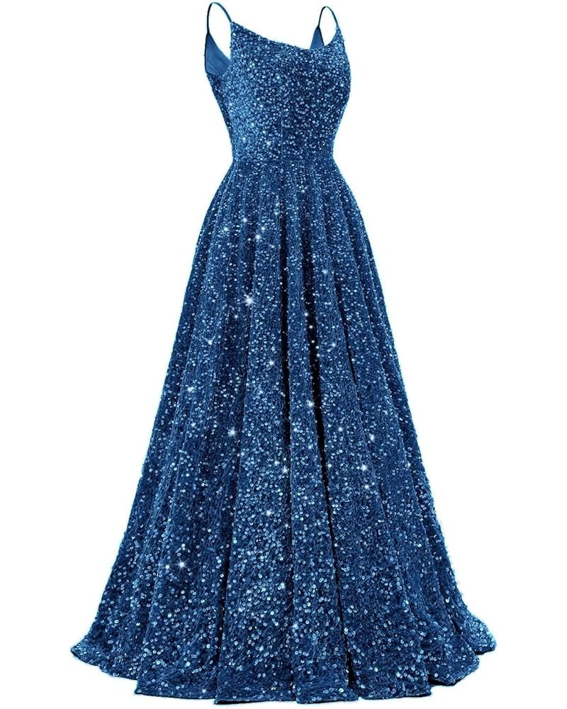 Spaghetti Straps Sequin Prom Dresses for Women 2024 Sparkly Long A-Line Formal Ball Gowns with Pockets Dusty Blue $39.07 Dresses