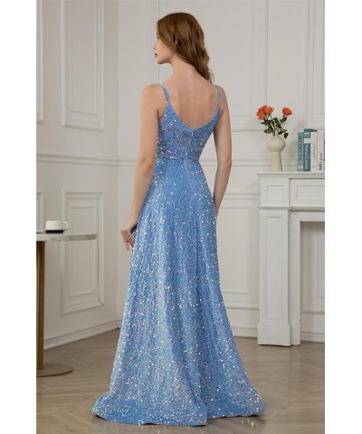 Spaghetti Straps Sequin Prom Dresses for Women 2024 Sparkly Long A-Line Formal Ball Gowns with Pockets Dusty Blue $39.07 Dresses