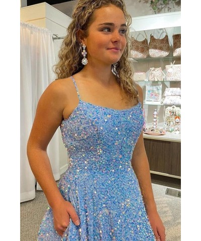 Spaghetti Straps Sequin Prom Dresses for Women 2024 Sparkly Long A-Line Formal Ball Gowns with Pockets Dusty Blue $39.07 Dresses