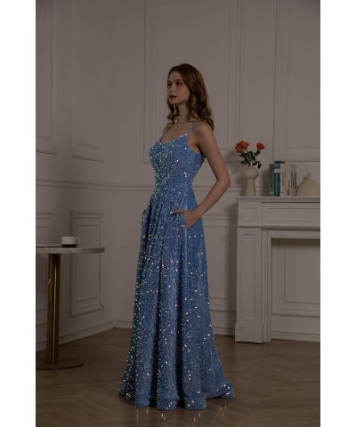 Spaghetti Straps Sequin Prom Dresses for Women 2024 Sparkly Long A-Line Formal Ball Gowns with Pockets Dusty Blue $39.07 Dresses