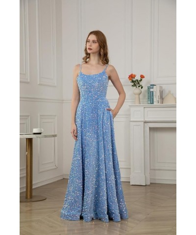 Spaghetti Straps Sequin Prom Dresses for Women 2024 Sparkly Long A-Line Formal Ball Gowns with Pockets Dusty Blue $39.07 Dresses