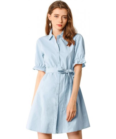 Women's 2023 Summer Ruffled Short Sleeve Cotton Solid Color Belted Button Down Shirt Dress Light Blue $20.90 Dresses