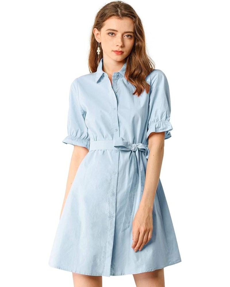 Women's 2023 Summer Ruffled Short Sleeve Cotton Solid Color Belted Button Down Shirt Dress Light Blue $20.90 Dresses