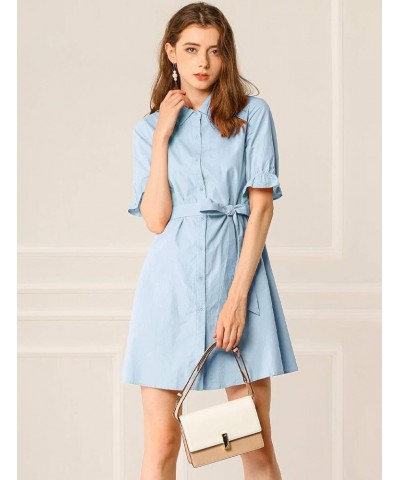 Women's 2023 Summer Ruffled Short Sleeve Cotton Solid Color Belted Button Down Shirt Dress Light Blue $20.90 Dresses