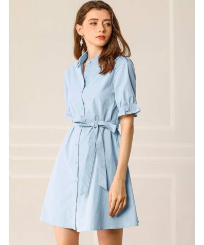 Women's 2023 Summer Ruffled Short Sleeve Cotton Solid Color Belted Button Down Shirt Dress Light Blue $20.90 Dresses