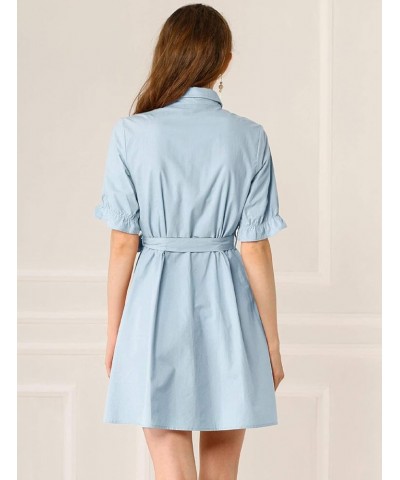 Women's 2023 Summer Ruffled Short Sleeve Cotton Solid Color Belted Button Down Shirt Dress Light Blue $20.90 Dresses