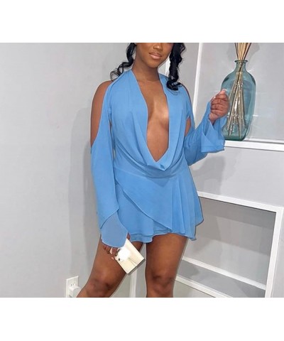 Women Long Sleeve V Neck Short Dresses Button Down Mini Blouse Dress Solid Elegant Shirts Dress Party Clubwear G-blue $12.96 ...