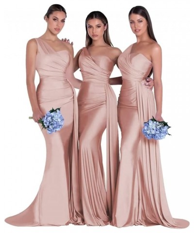 One Shoulder Mermaid Bridesmaid Dresses for Wedding Bodycon Satin Formal Prom Dresses 2023 with Slit Dusty-rose $24.50 Dresses