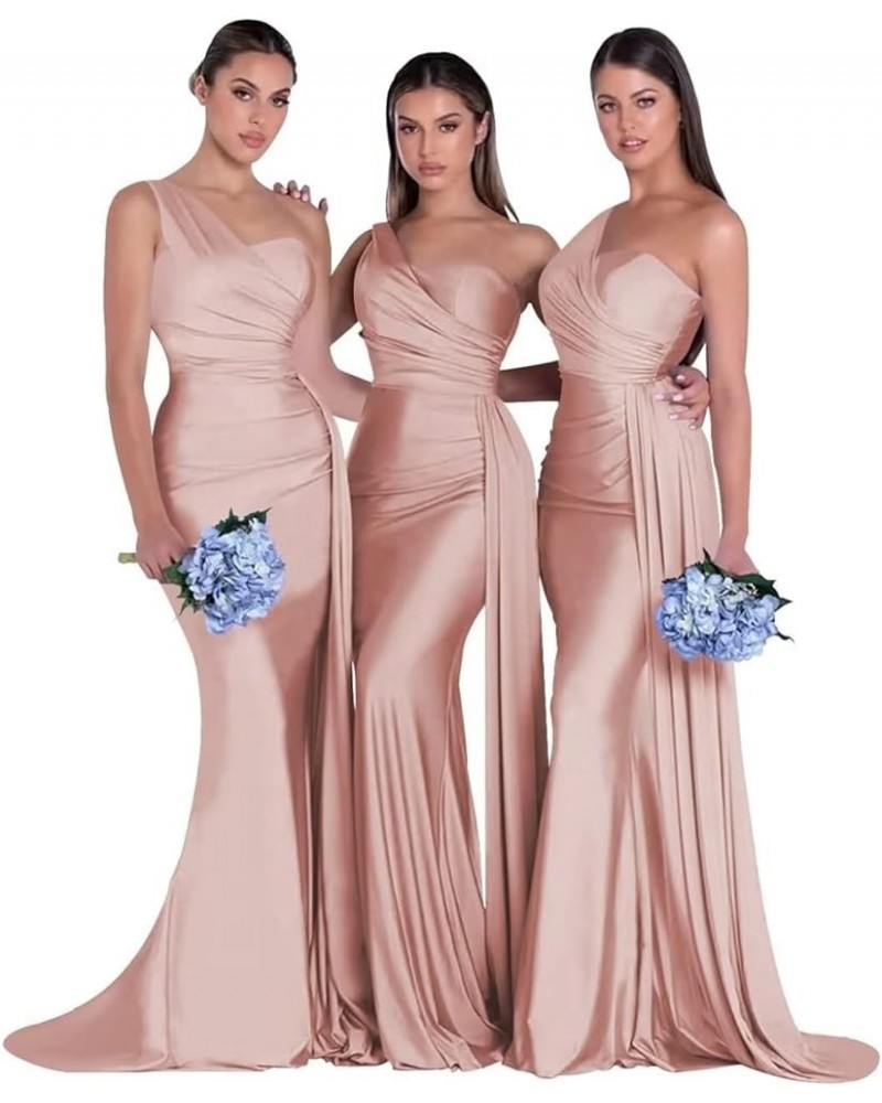 One Shoulder Mermaid Bridesmaid Dresses for Wedding Bodycon Satin Formal Prom Dresses 2023 with Slit Dusty-rose $24.50 Dresses