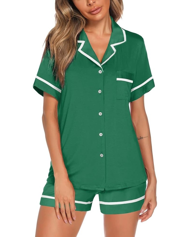 Pajamas Soft Striped Women's Short Sleeve Button Sleepwear Shorts Shirt PJ Set(S-XXL) Green $13.67 Sleep & Lounge