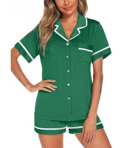 Pajamas Soft Striped Women's Short Sleeve Button Sleepwear Shorts Shirt PJ Set(S-XXL) Green $13.67 Sleep & Lounge