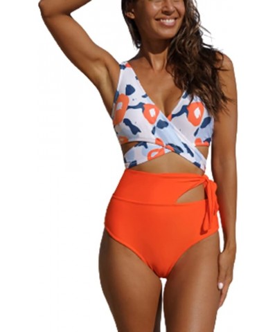 Tankini Bathing Suits for Women High Waist Swimsuit Lace Up Bikini Set Scoop Tank Tops Floral-1 $14.88 Swimsuits