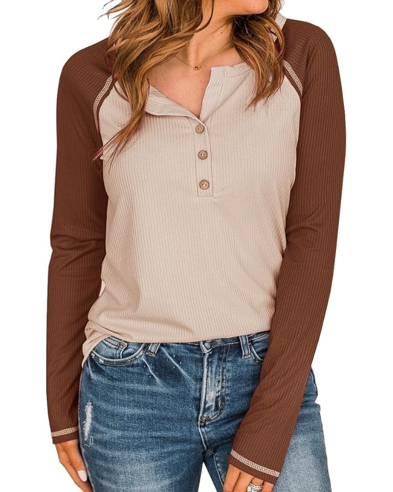 Women's Long Sleeve Shirts Button Down Round Neck T Shirts Color Blocking Casual Work Blouses Tunics Khaki Brown $12.00 Tops