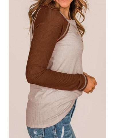 Women's Long Sleeve Shirts Button Down Round Neck T Shirts Color Blocking Casual Work Blouses Tunics Khaki Brown $12.00 Tops