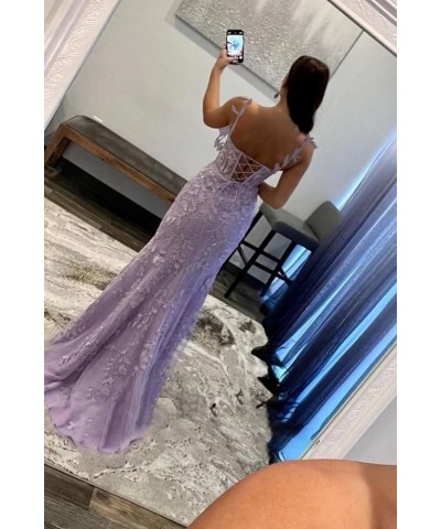 Women's Lace Mermaid Prom Dresses Long with Slit 2024 Spaghetti Straps Backless Formal Evening Gowns RA008 Pink $52.24 Dresses