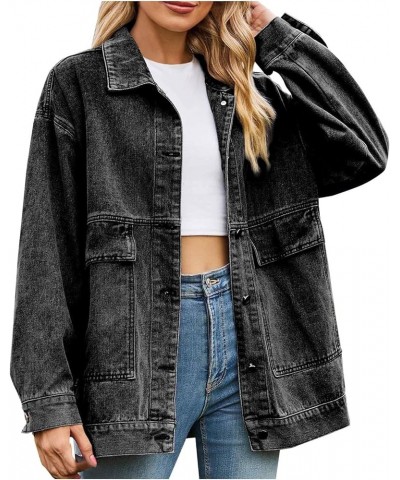 Womens Denim Jacket Western Plain Casual Fall Shacket Collar Button Down Loose Fit Denim Jacket for Women 2024 Q-j65 Gray $8....