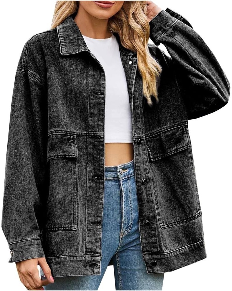 Womens Denim Jacket Western Plain Casual Fall Shacket Collar Button Down Loose Fit Denim Jacket for Women 2024 Q-j65 Gray $8....