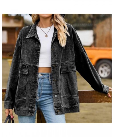 Womens Denim Jacket Western Plain Casual Fall Shacket Collar Button Down Loose Fit Denim Jacket for Women 2024 Q-j65 Gray $8....