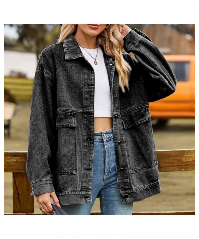 Womens Denim Jacket Western Plain Casual Fall Shacket Collar Button Down Loose Fit Denim Jacket for Women 2024 Q-j65 Gray $8....