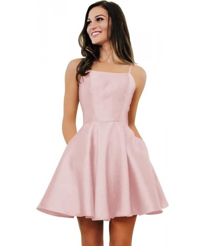 Square Neck Prom Dress Short Satin A-Line Mini Homecoming Dresses with Pockets Blush $24.74 Dresses