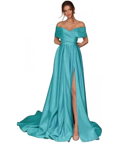 Women's Off The Shoulder Satin Prom Dresses with Slit Long Corset Formal Evening Party Gowns with Pockets Turquoise $37.94 Dr...