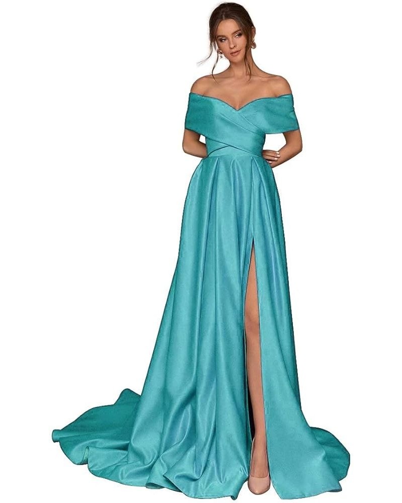 Women's Off The Shoulder Satin Prom Dresses with Slit Long Corset Formal Evening Party Gowns with Pockets Turquoise $37.94 Dr...