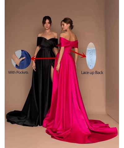 Women's Off The Shoulder Satin Prom Dresses with Slit Long Corset Formal Evening Party Gowns with Pockets Turquoise $37.94 Dr...