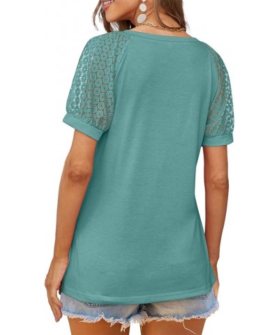 Lace Puff Sleeve Tops for Women Plus Raglan Stitching Solid Tunic Ladies Tops V Neck Shirts Women Summer Tshirts O03-dark Gre...