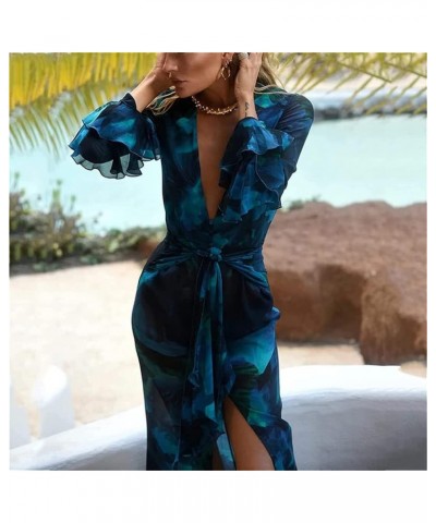 Women Sexy See Through Sheer Mesh Maxi Dress Y2k Bodycon Bikini Cover Up Beach Long Dress Hem Split Summer Swimwear Blue-i $8...