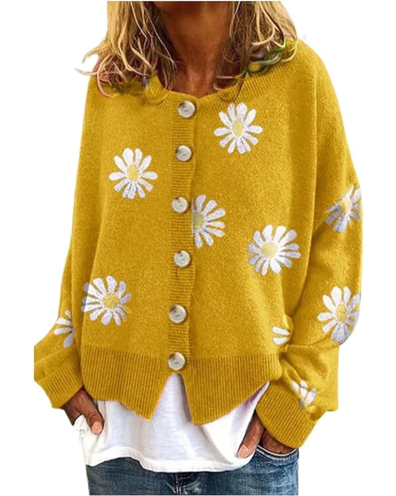 Womens Winter Sweaters Daisy Print Long Sleeve Cardigans Button Down Loose Fit Knitted Casual Cute Trendy Coats 9 Yellow $17....