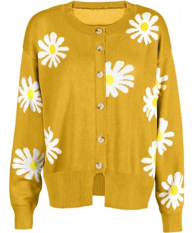 Womens Winter Sweaters Daisy Print Long Sleeve Cardigans Button Down Loose Fit Knitted Casual Cute Trendy Coats 9 Yellow $17....