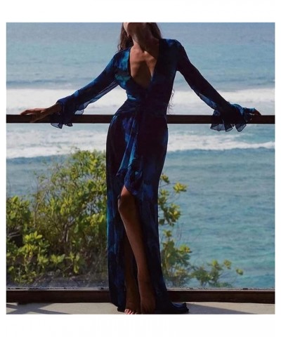 Women Sexy See Through Sheer Mesh Maxi Dress Y2k Bodycon Bikini Cover Up Beach Long Dress Hem Split Summer Swimwear Blue-i $8...