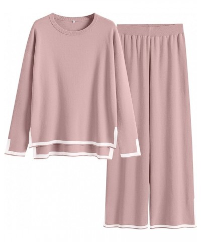 Women's 2 Piece Outfits Long Sleeve Knit Sweater Top Wide Leg Pants Casual Lounge Sets Travel Tracksuits Pink $31.34 Activewear