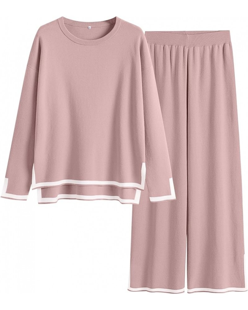 Women's 2 Piece Outfits Long Sleeve Knit Sweater Top Wide Leg Pants Casual Lounge Sets Travel Tracksuits Pink $31.34 Activewear