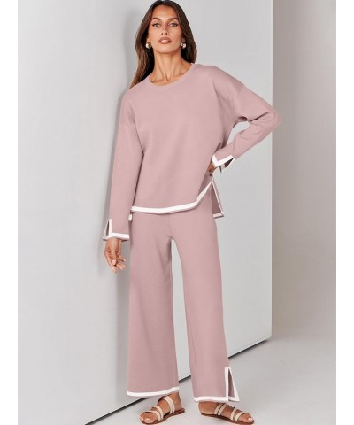 Women's 2 Piece Outfits Long Sleeve Knit Sweater Top Wide Leg Pants Casual Lounge Sets Travel Tracksuits Pink $31.34 Activewear