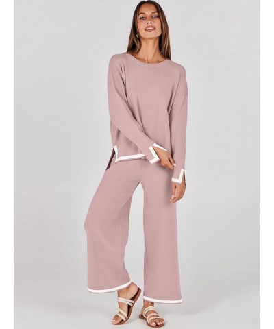 Women's 2 Piece Outfits Long Sleeve Knit Sweater Top Wide Leg Pants Casual Lounge Sets Travel Tracksuits Pink $31.34 Activewear