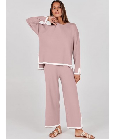 Women's 2 Piece Outfits Long Sleeve Knit Sweater Top Wide Leg Pants Casual Lounge Sets Travel Tracksuits Pink $31.34 Activewear