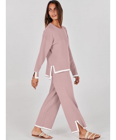 Women's 2 Piece Outfits Long Sleeve Knit Sweater Top Wide Leg Pants Casual Lounge Sets Travel Tracksuits Pink $31.34 Activewear