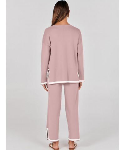 Women's 2 Piece Outfits Long Sleeve Knit Sweater Top Wide Leg Pants Casual Lounge Sets Travel Tracksuits Pink $31.34 Activewear