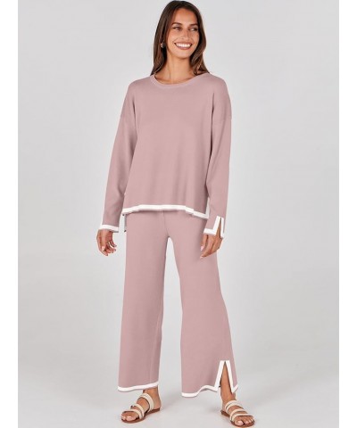 Women's 2 Piece Outfits Long Sleeve Knit Sweater Top Wide Leg Pants Casual Lounge Sets Travel Tracksuits Pink $31.34 Activewear