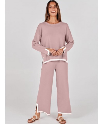 Women's 2 Piece Outfits Long Sleeve Knit Sweater Top Wide Leg Pants Casual Lounge Sets Travel Tracksuits Pink $31.34 Activewear