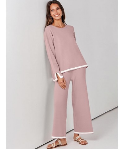 Women's 2 Piece Outfits Long Sleeve Knit Sweater Top Wide Leg Pants Casual Lounge Sets Travel Tracksuits Pink $31.34 Activewear