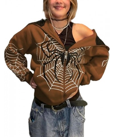 Women's Spider Web Zip Up Hoodies Oversized Sweatshirts Y2K Halloween Clothes Casual Drawstring Jackets With Pockets Brown $1...