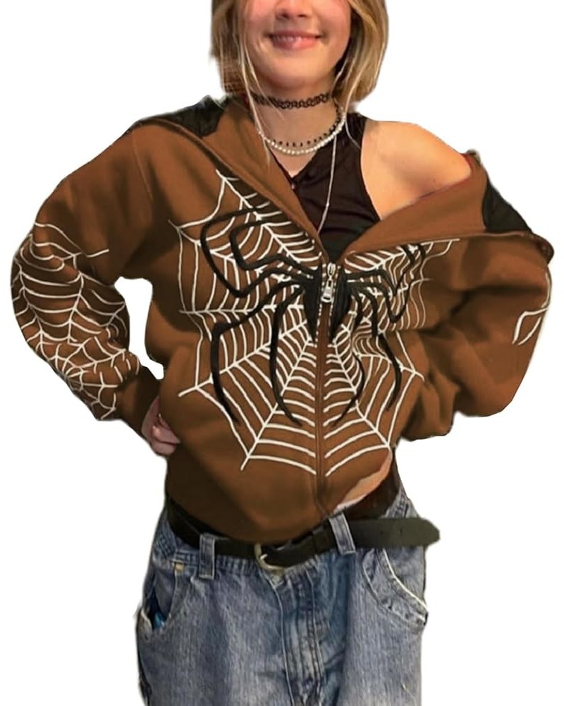 Women's Spider Web Zip Up Hoodies Oversized Sweatshirts Y2K Halloween Clothes Casual Drawstring Jackets With Pockets Brown $1...